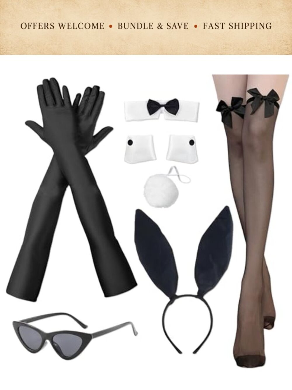 7 Pc Bunny Costume Set Rabbit Ears Headband Collar Bow Tie Cuffs Tail Gloves